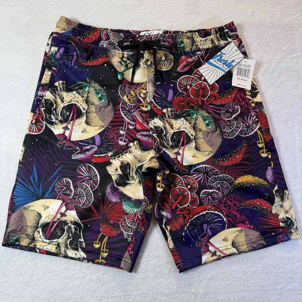 Fresh Prints of Bel-Air Swim Shorts Mens Medium Black Multi Skull Mushroom D2307